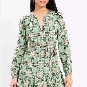 LOFT Sage Green Floral Tie-Waist Long Sleeve Dress